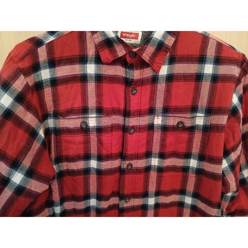 Vintage Wrangler Red Plaid Flannel Shacket Men's Medium Sherpa Fleece Lined Warm - Picture 3 of 11